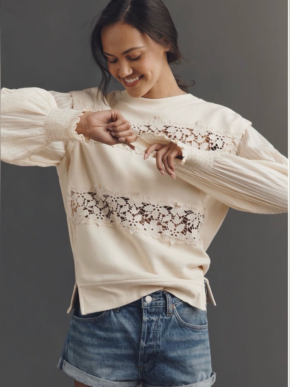 By Anthropologie Cream Lace-Panel Long-Sleeve Women's Top